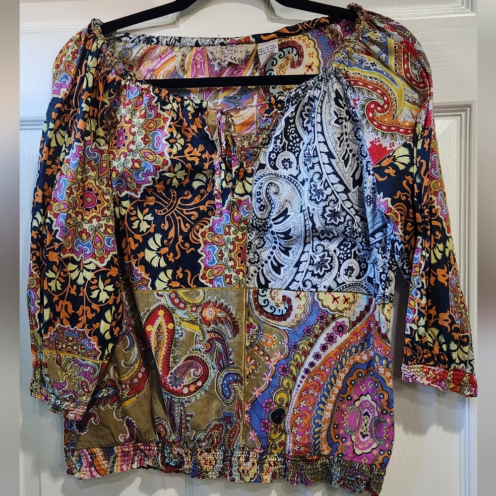 Lifestyle petite paisley patchwork peasant  blouse women's size Medium pe…